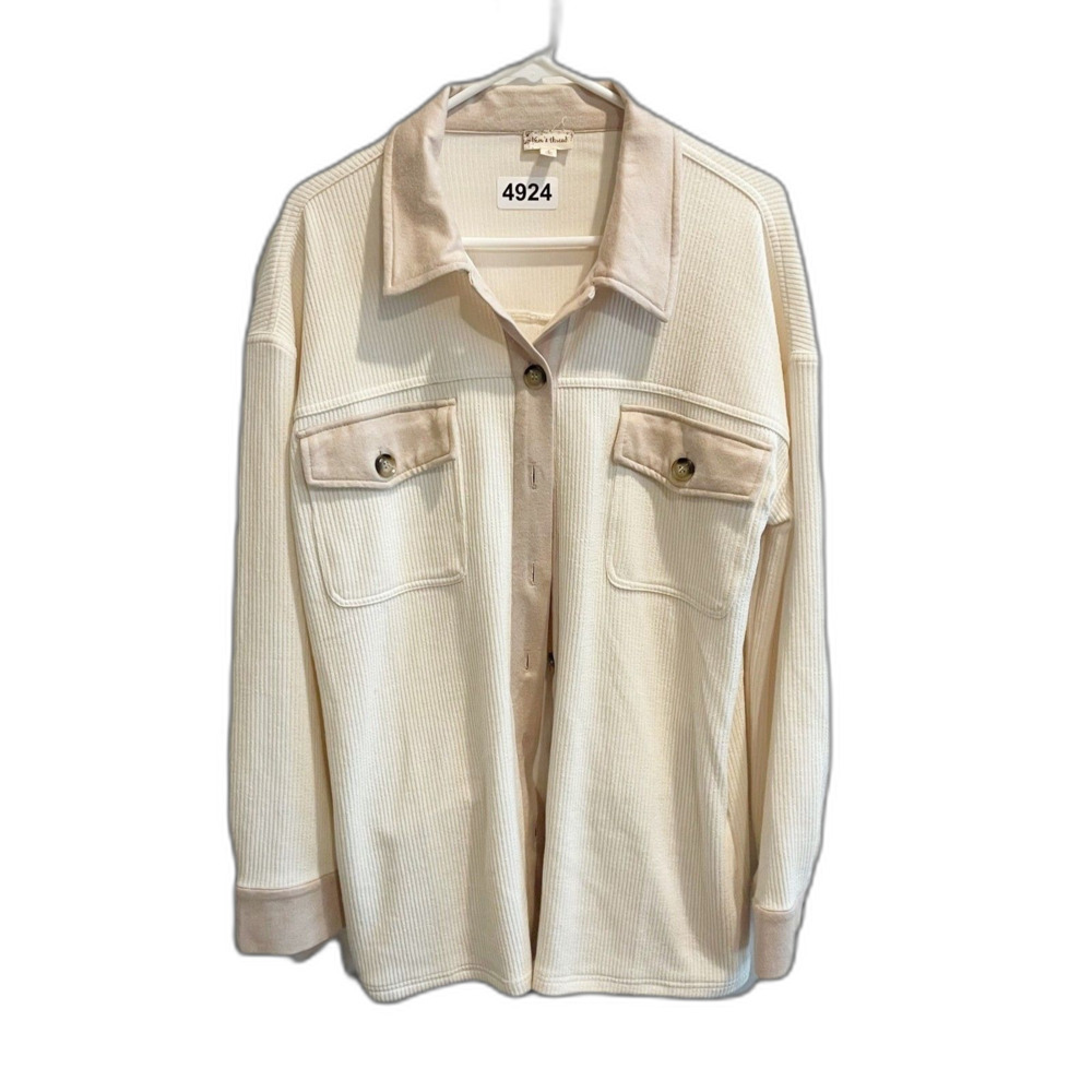 Hem & Thread Large Cream Ribbed Button Down Shacket Womens Long Sleeve Boho